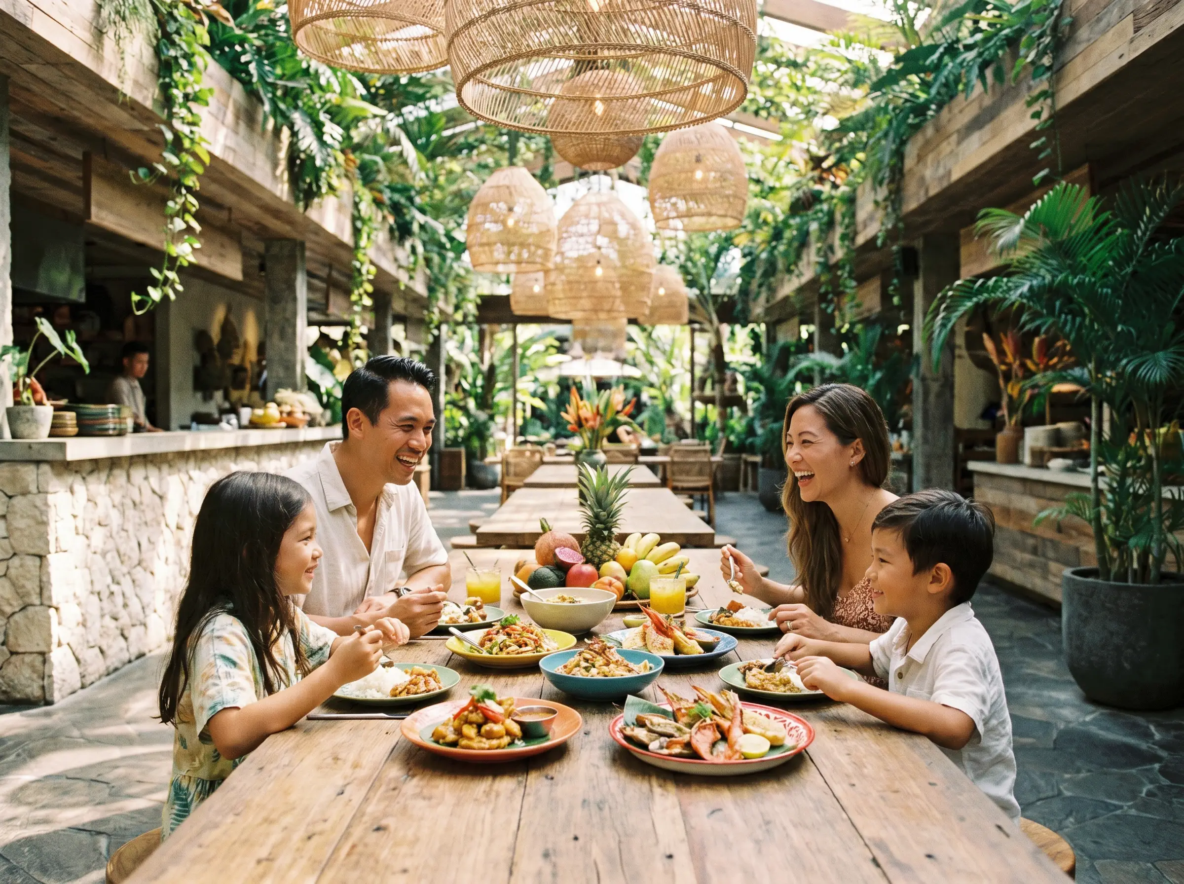 Family sharing dinner at KORA Food Hall