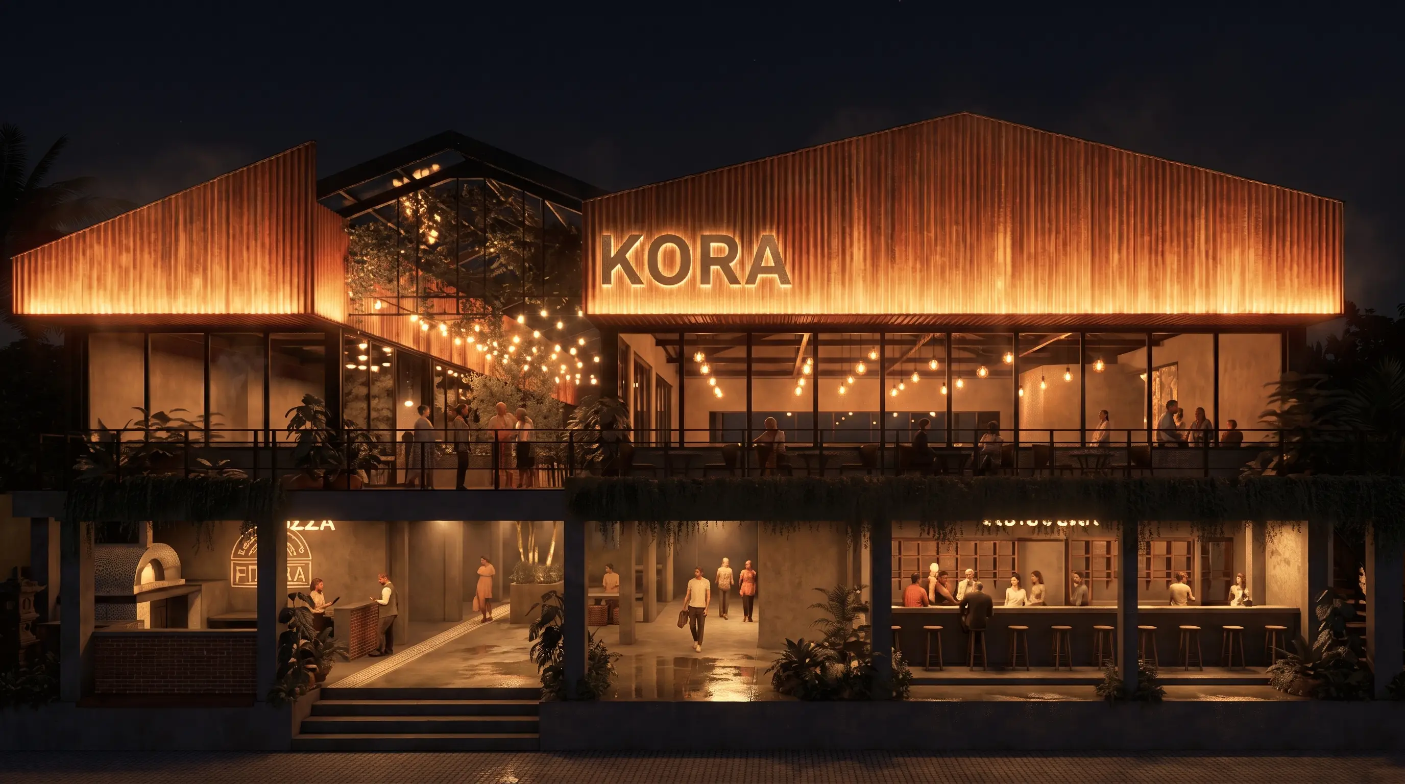 KORA Food Hall — exterior at night