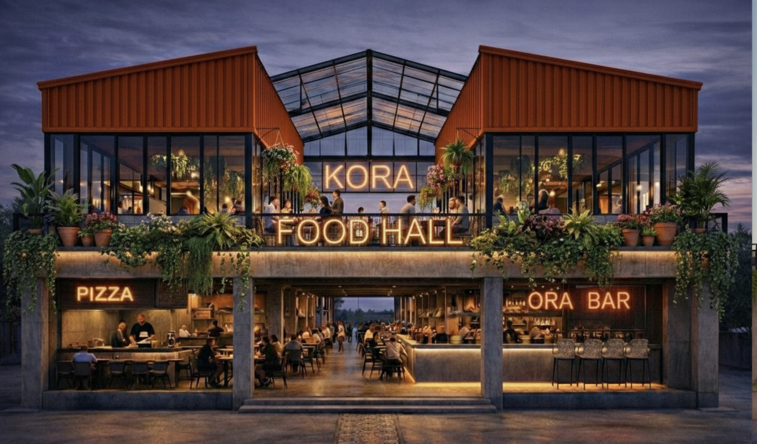 KORA Food Hall — golden entrance alley, Ubud