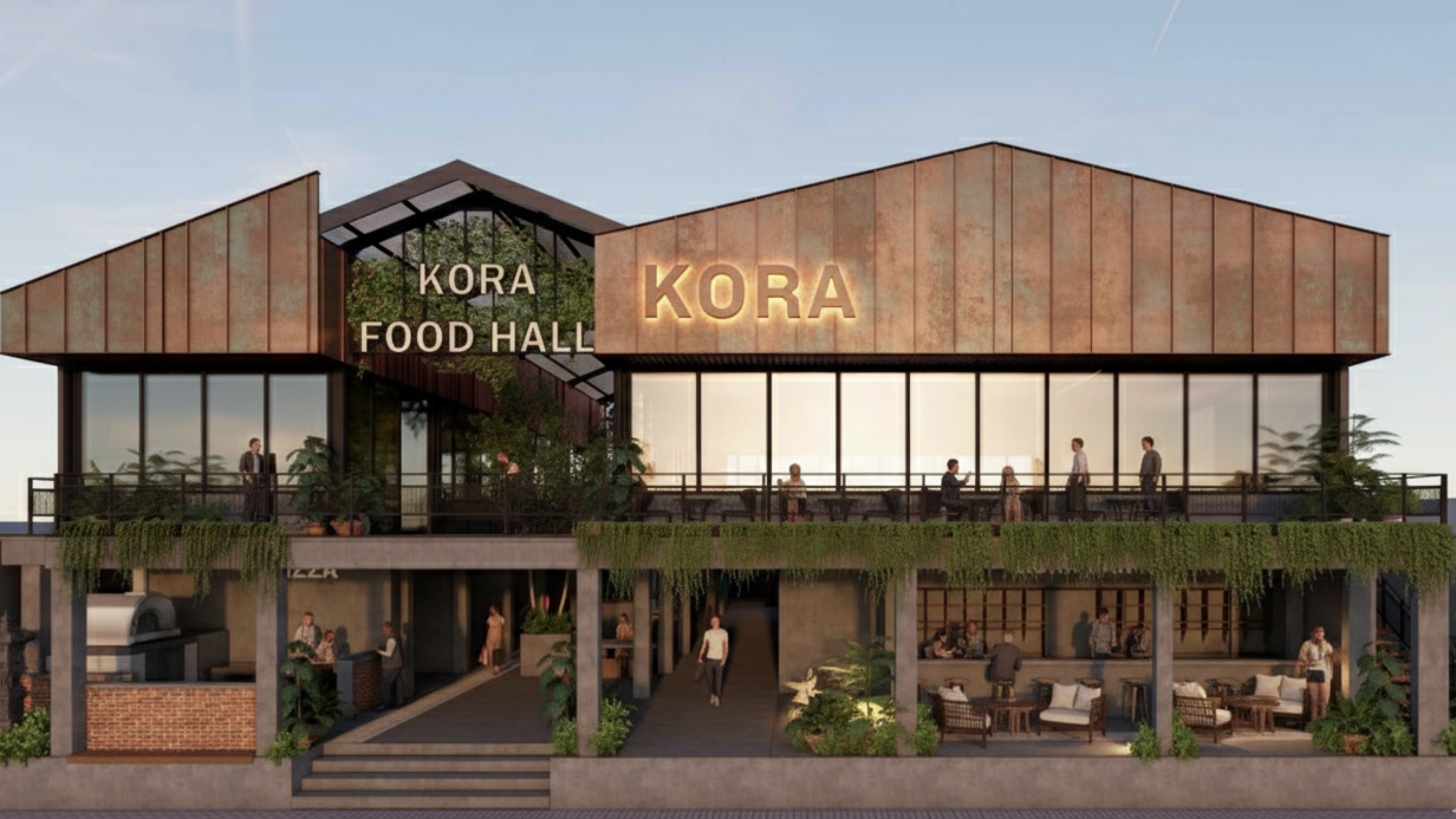 KORA Food Hall — copper facade, daytime