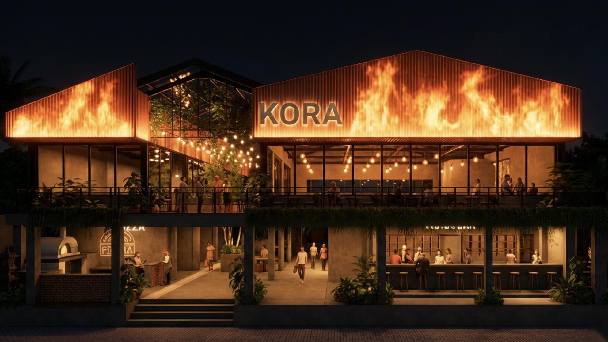 KORA Food Hall — exterior at night