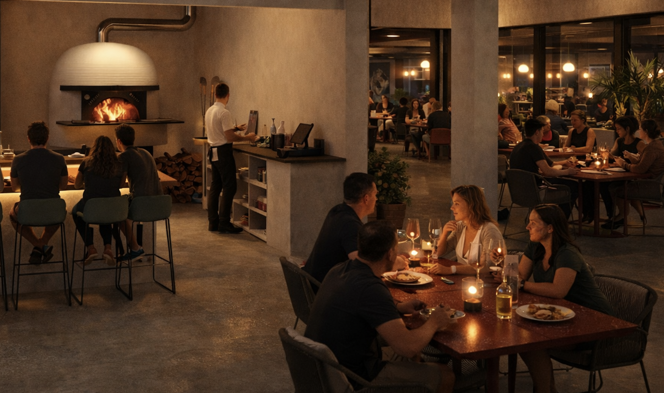 KORA Food Hall — warm atmospheric dining interior